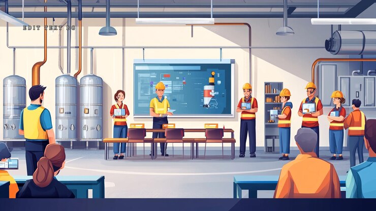 PSD industrial workers attend a training session in a large room with a presentation board