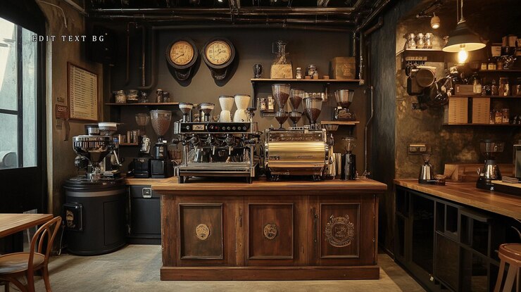 PSD industrialchic coffee shop interior with espresso machines grinder and vintage decor