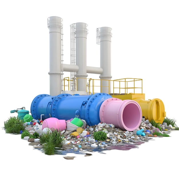Industrieel afvalleidingssysteem omringd door afval Milieubesmettingsconcept in Manufactu