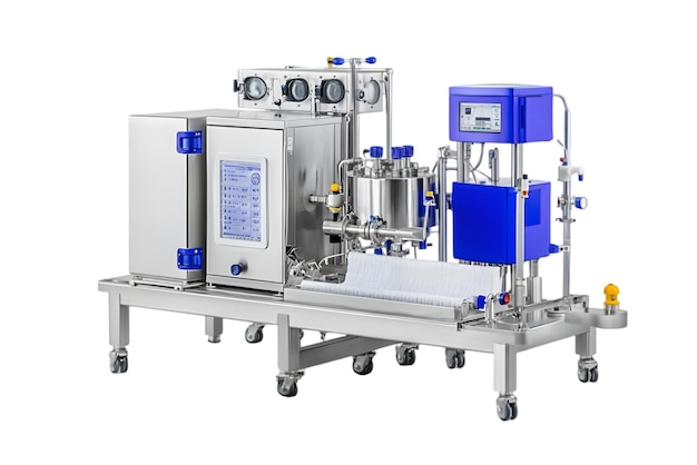 Industriële filtermachine met onderdelen van roestvrij staal en digitaal scherm geïsoleerd op wit