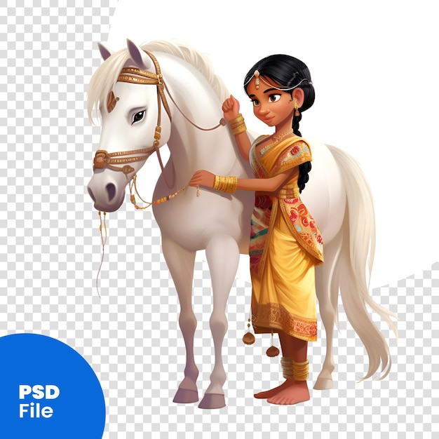 PSD indyjska dziewczyna i biały koń izolowani na białym tle 3d ilustracja szablon psd