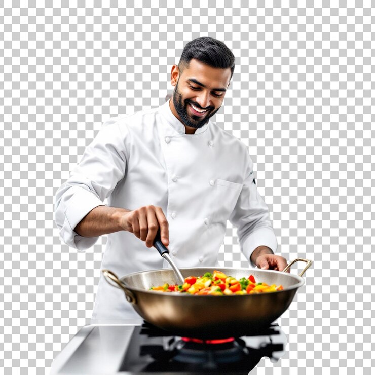 PSD indyjski szef kuchni gotuje stir fry