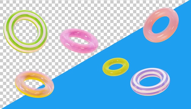 PSD inflatable multi colored circles 3d render swimming rings vacations concept pool lifebuoys