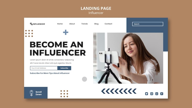 PSD influencer landing page template with photo