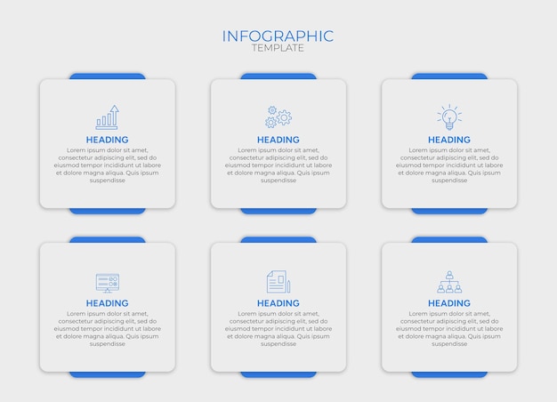 Infografisk etiketdesignskabelon med ikoner og 6 muligheder eller trin