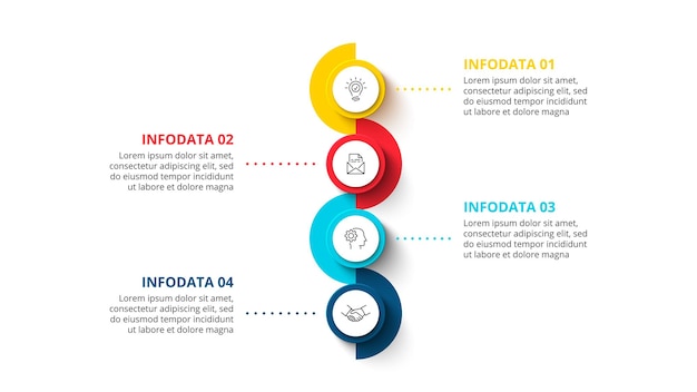 PSD infographic design template vertical timeline with 4 circle elements and thin dots line