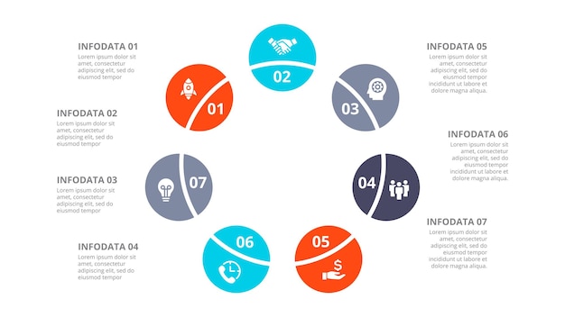 Infografica per presentazioni slide concetto aziendale con 7 opzioni