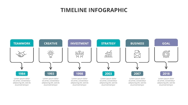 6ステップのオプションパーツまたはプロセスを備えたインフォグラフィックタイムラインプレゼンテーション用のビジネステンプレート