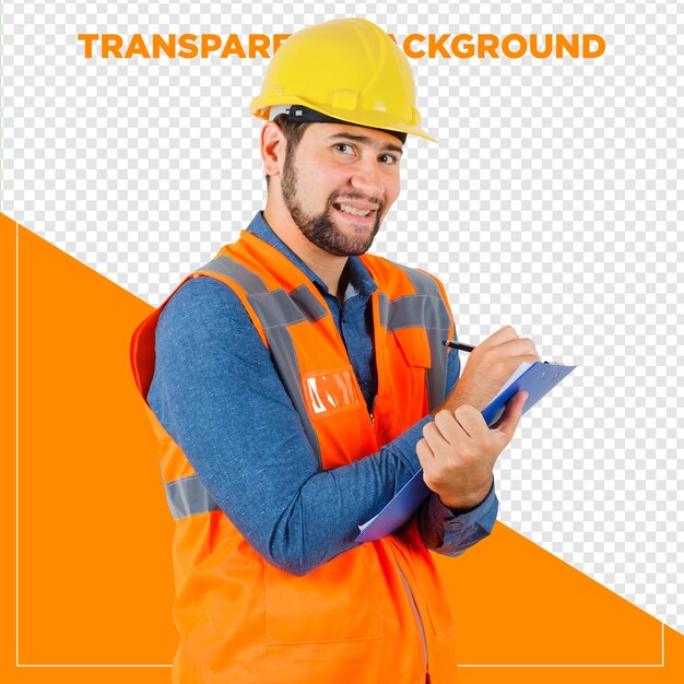 ingenieur die aantekeningen maakt op een plank met een doorzichtige achtergrond