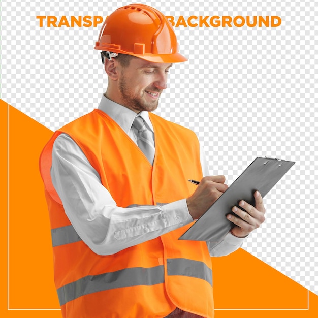 ingenieur die aantekeningen maakt op een plank met een doorzichtige achtergrond
