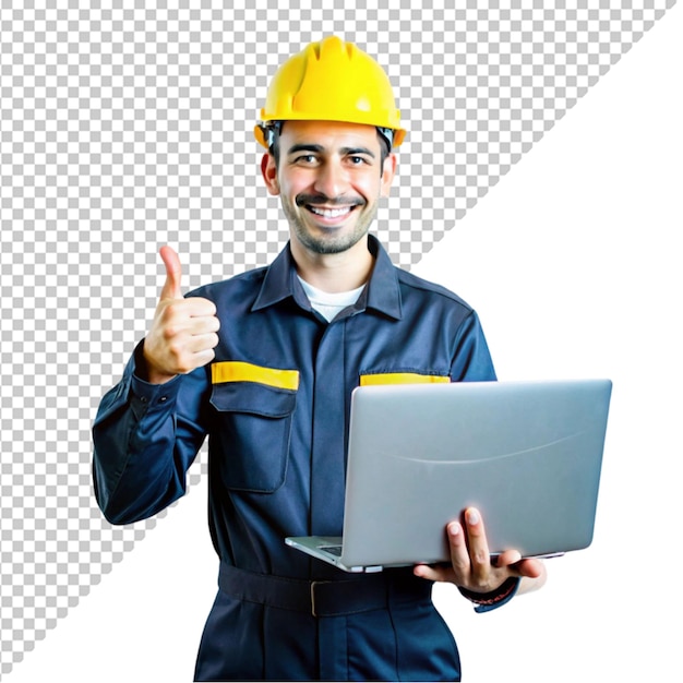 Ingenieur in uniform met een laptop op een doorzichtige achtergrond