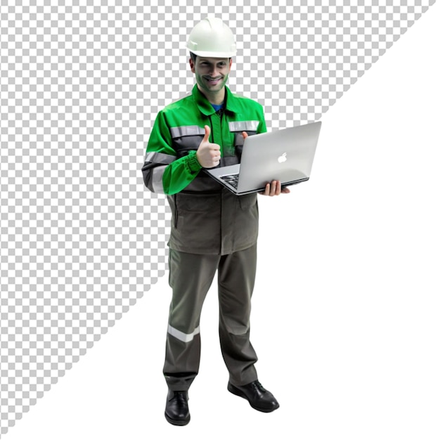 Ingenieur in uniform met een laptop op een doorzichtige achtergrond