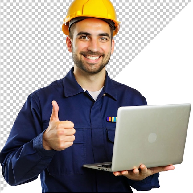 Ingenieur in uniform met een laptop op een doorzichtige achtergrond