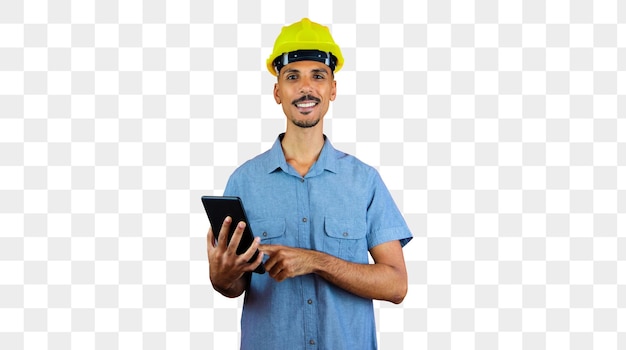 PSD ingenieurs dag zwarte man in veiligheidshelm en blauw shirt geïsoleerd engineer holding mobile