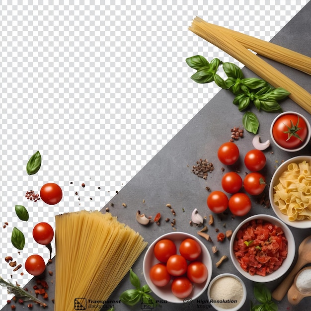 PSD 透明な背景に新鮮なトマトとスパイスで作られたパスタ料理の材料
