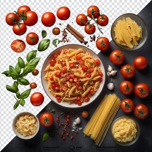PSD ingredients for pasta dishes with fresh tomatoes and spices on a transparent background isolated