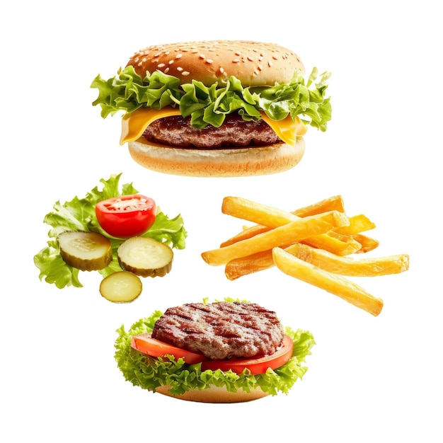 Ingredienti di un hamburger tradizionale e patatine fritte in aria