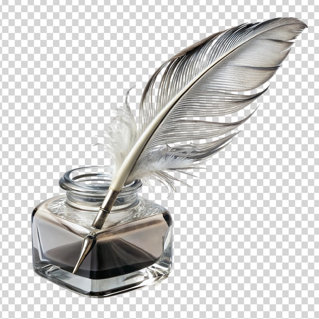 Ink and feather on a table on transparent background