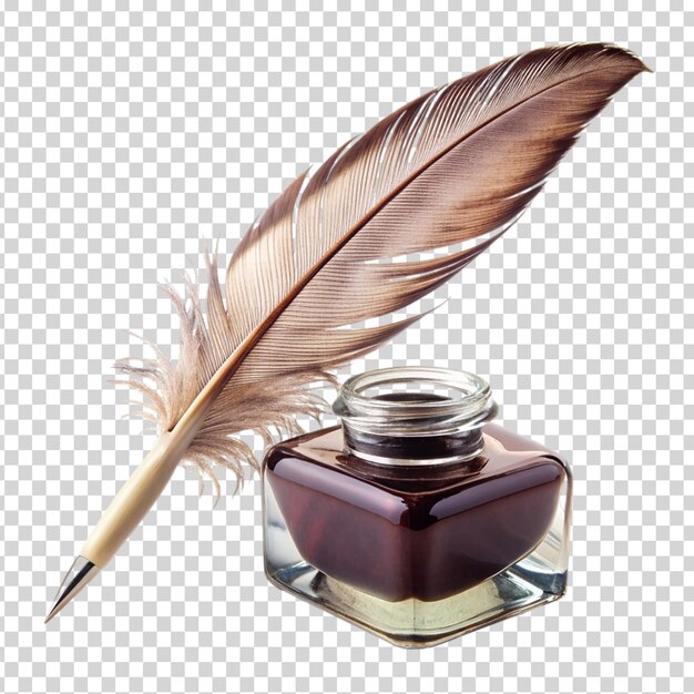 Ink and feather on a table on transparent background