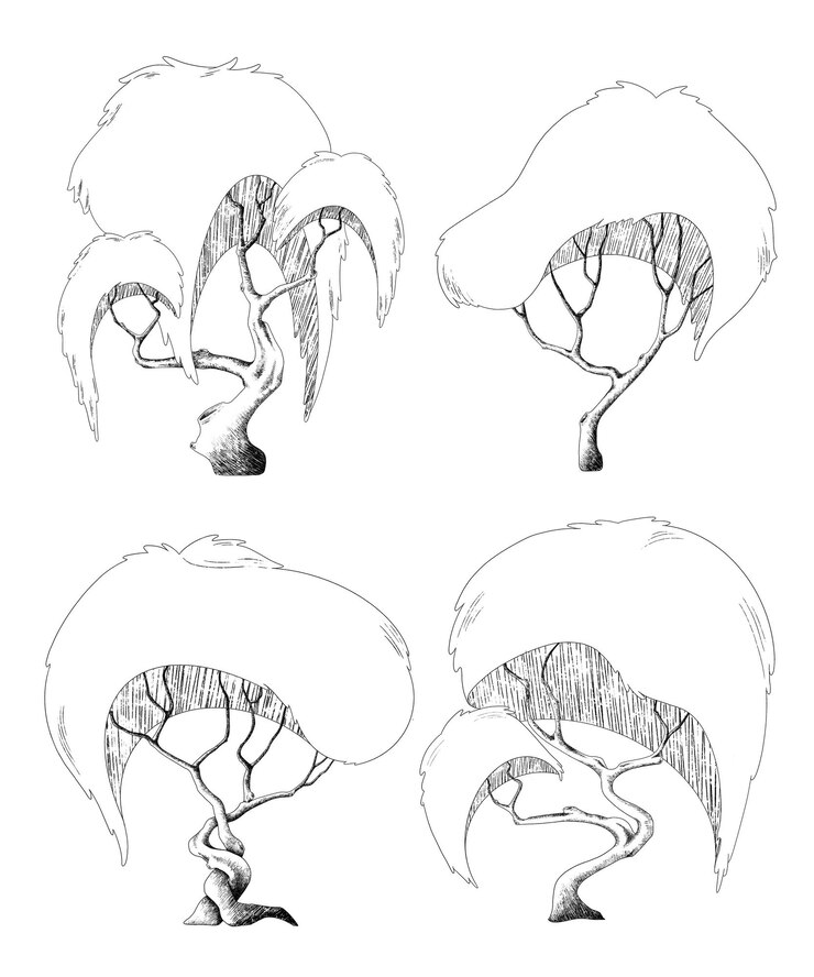 PSD ink tree sketches set drawing fantasy set of trees isolated on white