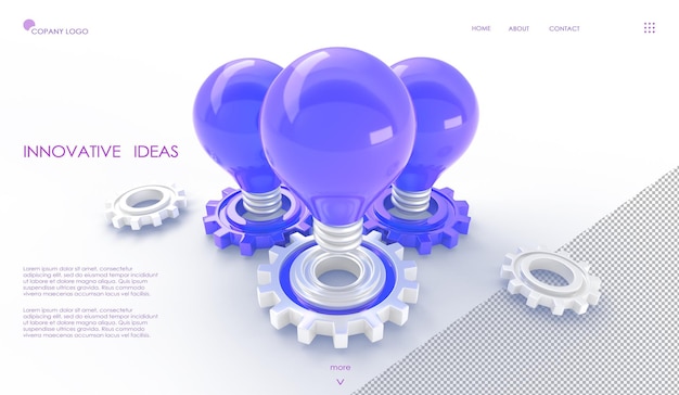 PSD sviluppo di un'idea innovativa rendering 3d isometrico lampadine blu su ingranaggi o meccanismo a cremagliera soluzione creativa che trova indagini scientifiche o lancio di avvio banner web illustrazione 3d