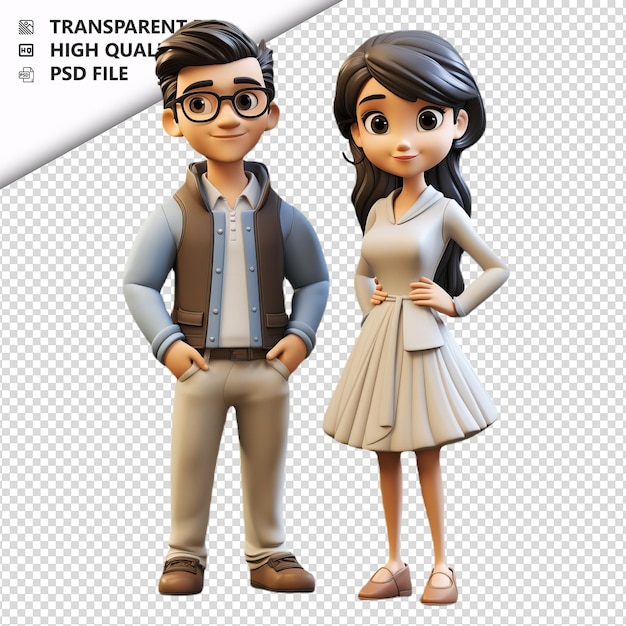 PSD insensitive asian couple 3d cartoon style white backgroun