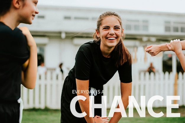 Inspirational quote banner template psd with happy sporty girl background