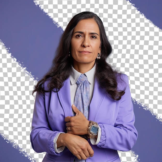 A inspired middle aged woman with long hair from the hispanic ethnicity dressed in hotel manager attire poses in a close up of hands style against a pastel periwinkle background