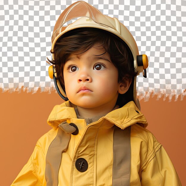 PSD a inspired preschooler boy with short hair from the west asian ethnicity dressed in firefighter attire poses in a sideways glance style against a pastel cream background