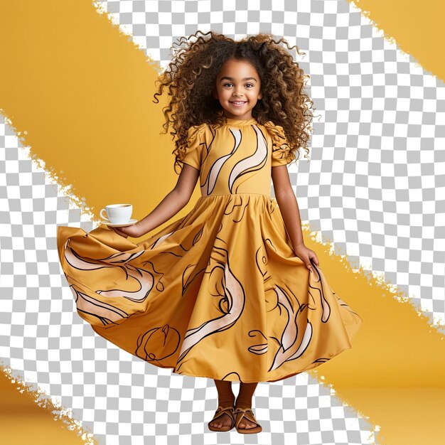 A inspired preschooler girl with wavy hair from the aboriginal australian ethnicity dressed in brewing coffee attire poses in a full length with flowing dress style against a pastel lemon b