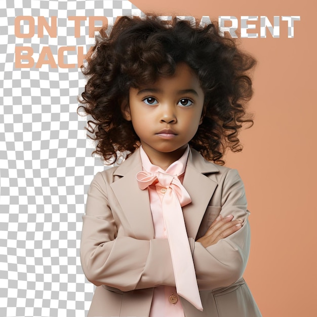 PSD a inspired toddle girl with kinky hair from the asian ethnicity dressed in consultant attire poses in a serious stance with folded arms style against a pastel peach background