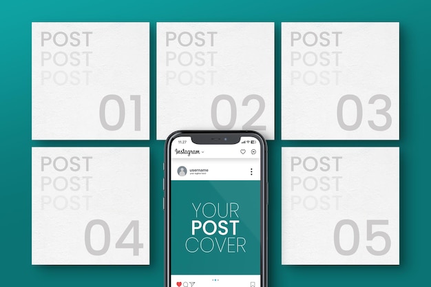 Instagram 6 feed post preview with mobile phone mockup with pastel color