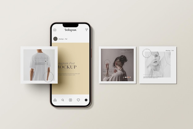 PSD instagram-bericht met mockup voor mobiele telefoons