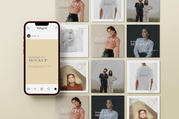 Instagram-bericht met mockup voor mobiele telefoons