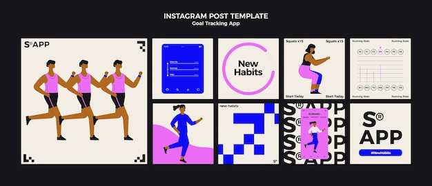 PSD instagram-berichten van de app voor het volgen van doelen