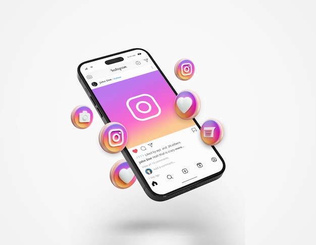 PSD instagram on black mobile phone mockup with 3d icons