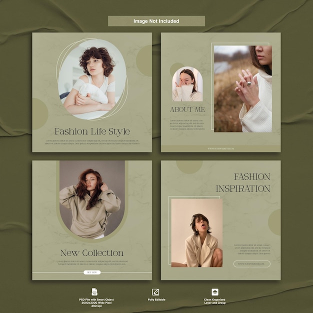 instagram fashion green theme post template set bundle