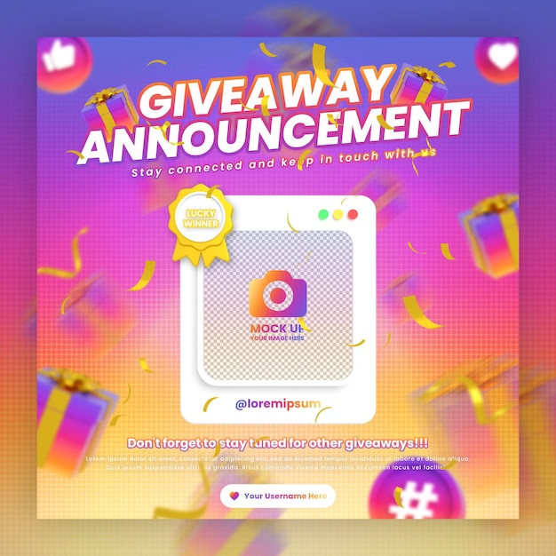 PSD modello di post sui social media per la promozione del concorso giveaway di instagram con mockup