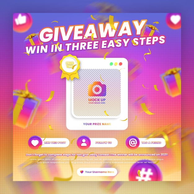 PSD promozione del concorso giveaway di instagram e passaggi modello di post sui social media con mockup