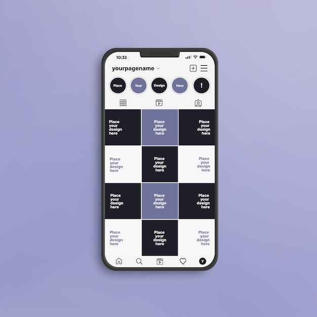 Instagram grid with highlights and phone screen mockup