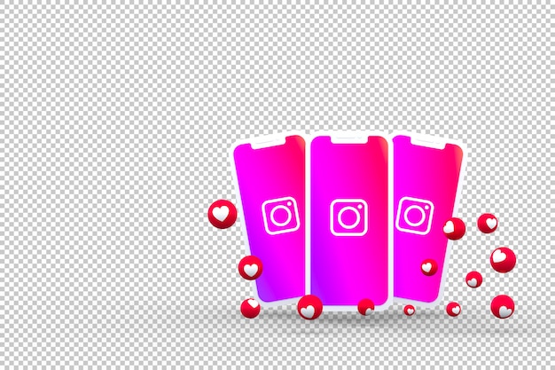 Instagram icon on screen smartphone or mobile and instagram reactions love 3d render