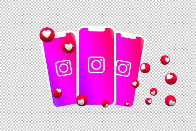 Instagram icon on screen smartphone or mobile and instagram reactions love 3d render