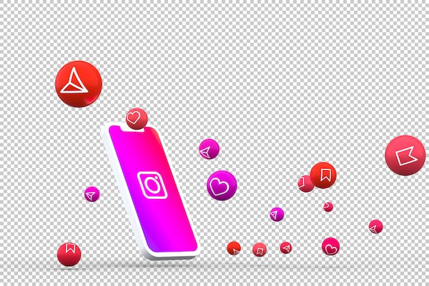 L'icona di instagram sullo schermo dello smartphone o del cellulare e le reazioni di instagram amano il rendering 3d
