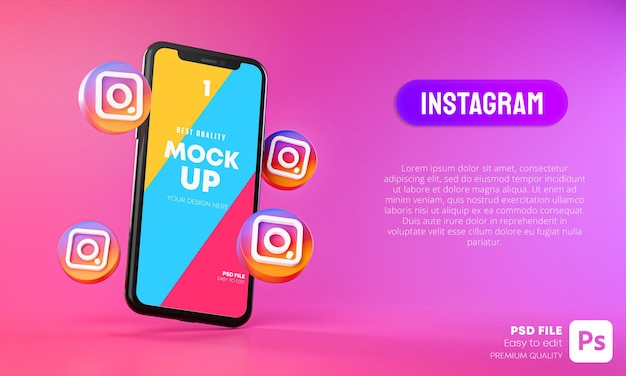 PSD instagram icons around smartphone app mockup 3d