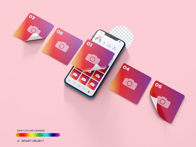 粘土の携帯電話の画面にinstagramのインターフェースと投稿のモックアップ