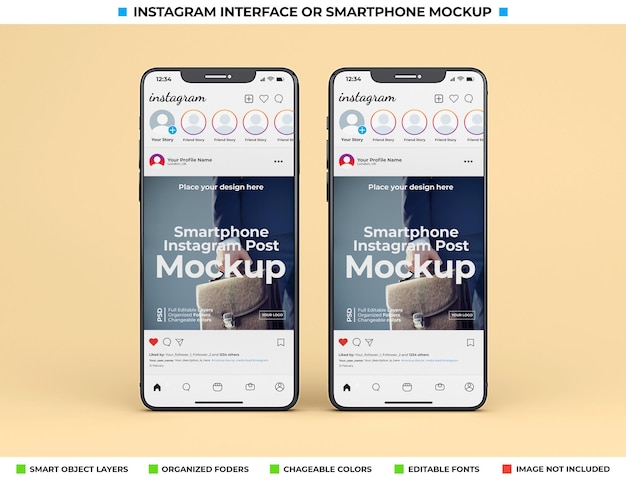 PSD instagram interface on modern phone screen mockup