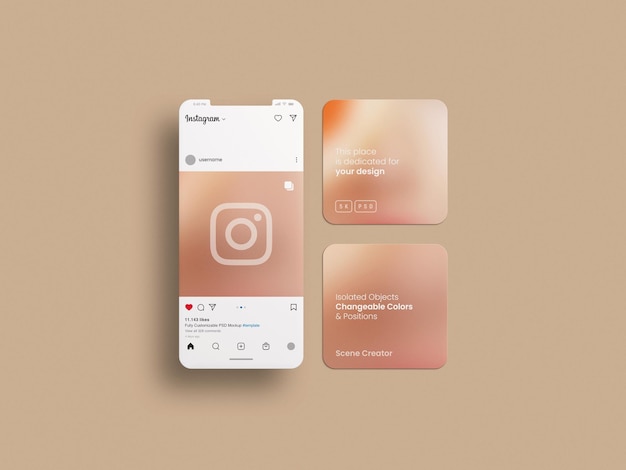 Interfaccia instagram e post mockup sullo schermo del telefono cellulare in argilla