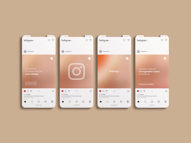 Interfaccia instagram e post mockup sullo schermo del telefono cellulare in argilla