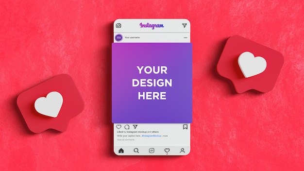 소셜 미디어 게시물 mockup 빨간색 배경 3d 렌더링을위한 Instagram 인터페이스