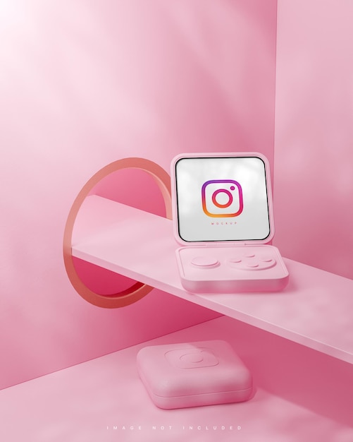 Instagram インターフェイス ソーシャル メディアは、ピンクの背景の 3 d レンダリングにスマート フリップ デバイスのモックアップを投稿します。